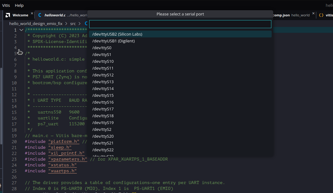 Vitis serial monitor settings