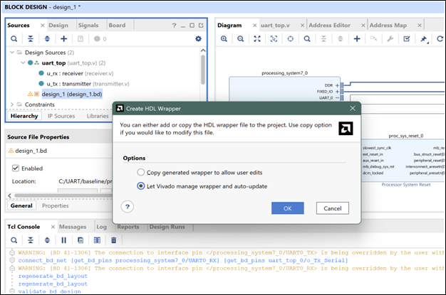 Vivado: design_wrapper.v generated and set as Top in Sources