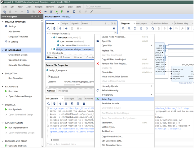 Vivado: Generate Block Design output products dialog/options