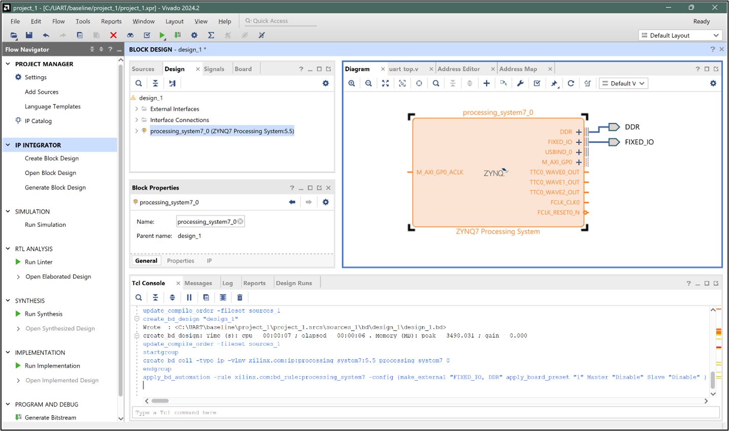 Vivado: Zynq Processing System block added to the diagram