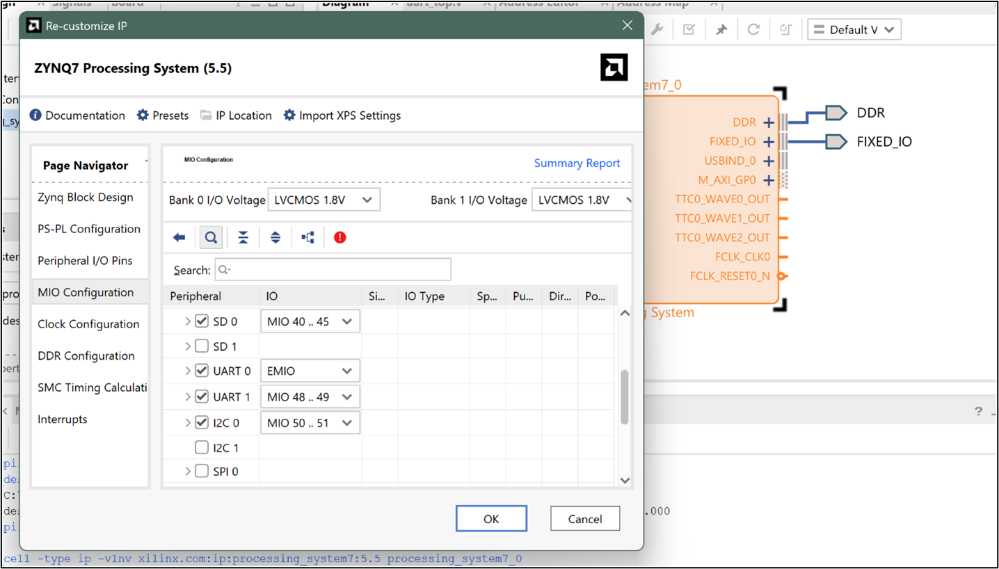 Vivado: Setting UART0 to EMIO and UART1 to MIO in Zynq PS