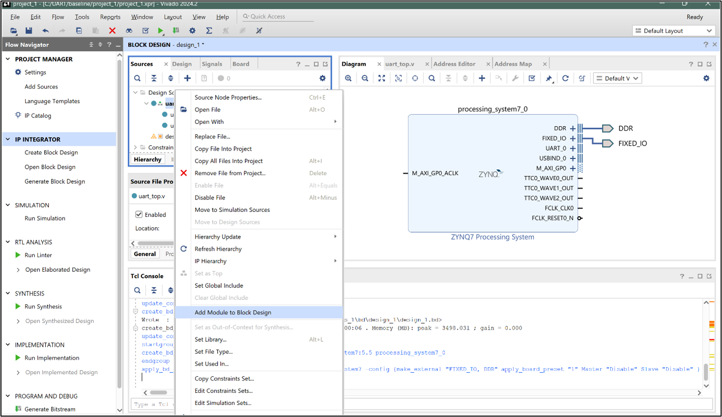 Vivado: Adding existing RTL top module (uart_top) to the Block Design
