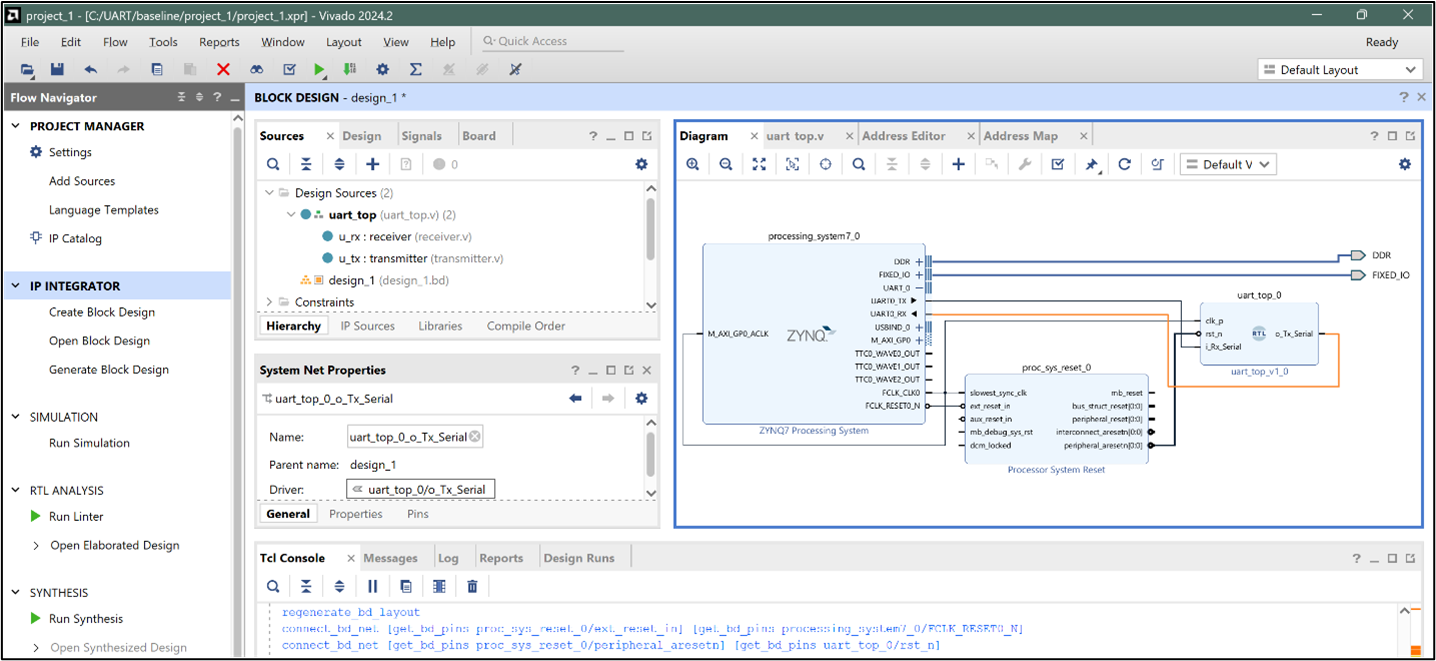 Vivado: Connecting FCLK_CLK0, peripheral_aresetn, and UART0 EMIO to uart_top RX/TX