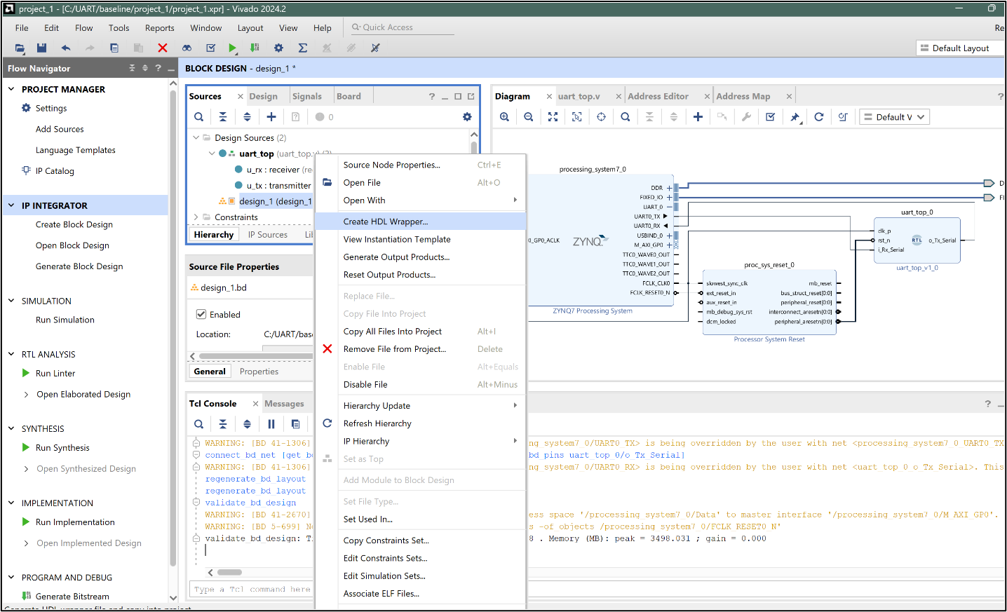Vivado: Create HDL Wrapper dialog for the block design