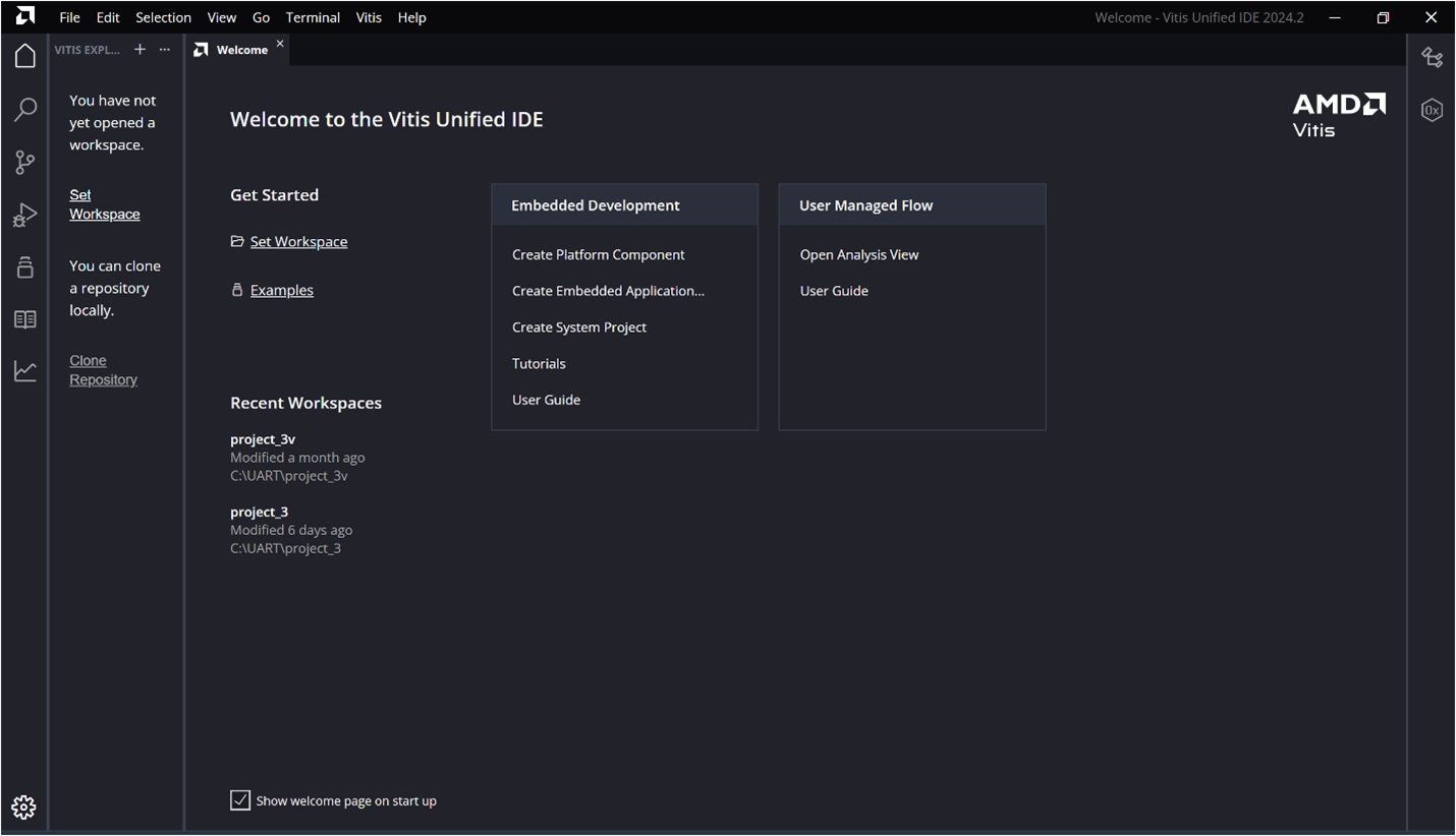 Launching the Vitis Unified IDE and selecting workspace