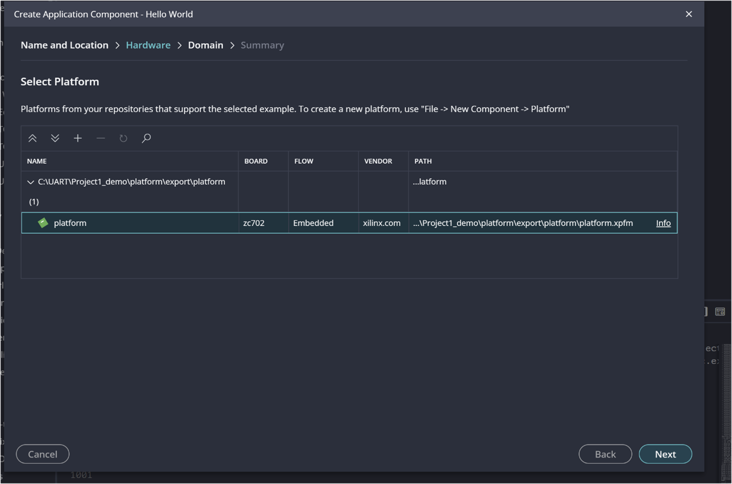 Selecting platform for application in Vitis