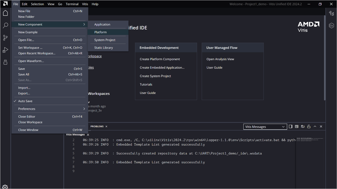 Vitis menu showing New Component → Platform Component