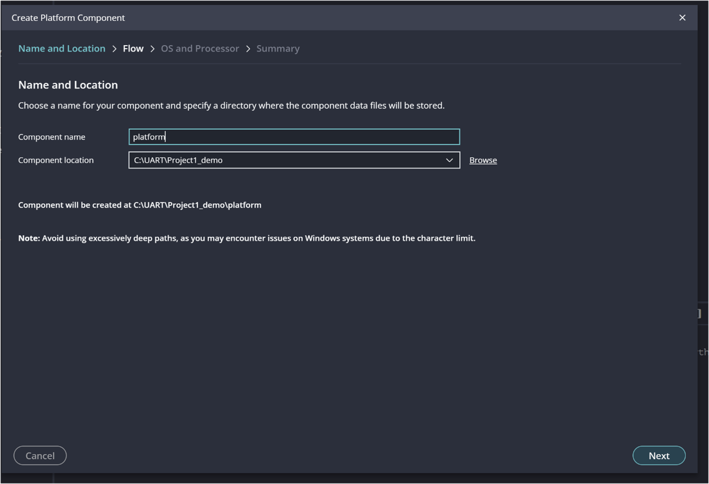 Dialog for naming and locating the new Platform Component