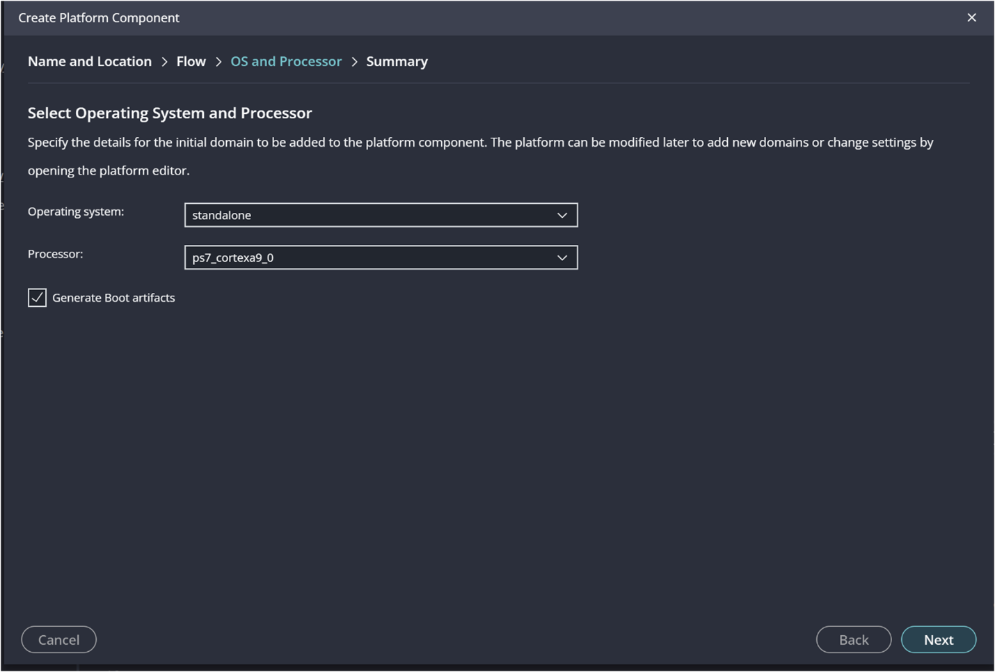 System Device Tree populated, select standalone OS and processor ps7_cortexa9_0
