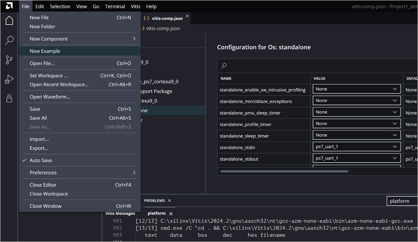 Vitis menu for creating a new Example Application