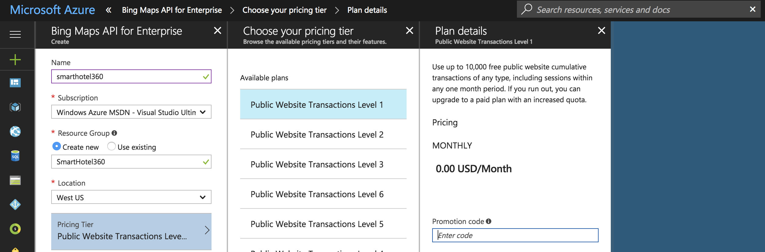 Selecting the free tier of service