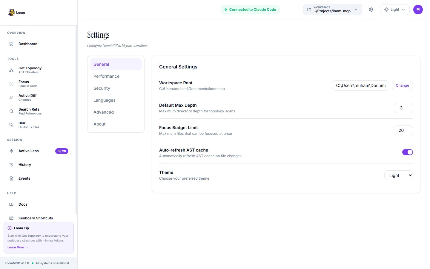Settings page