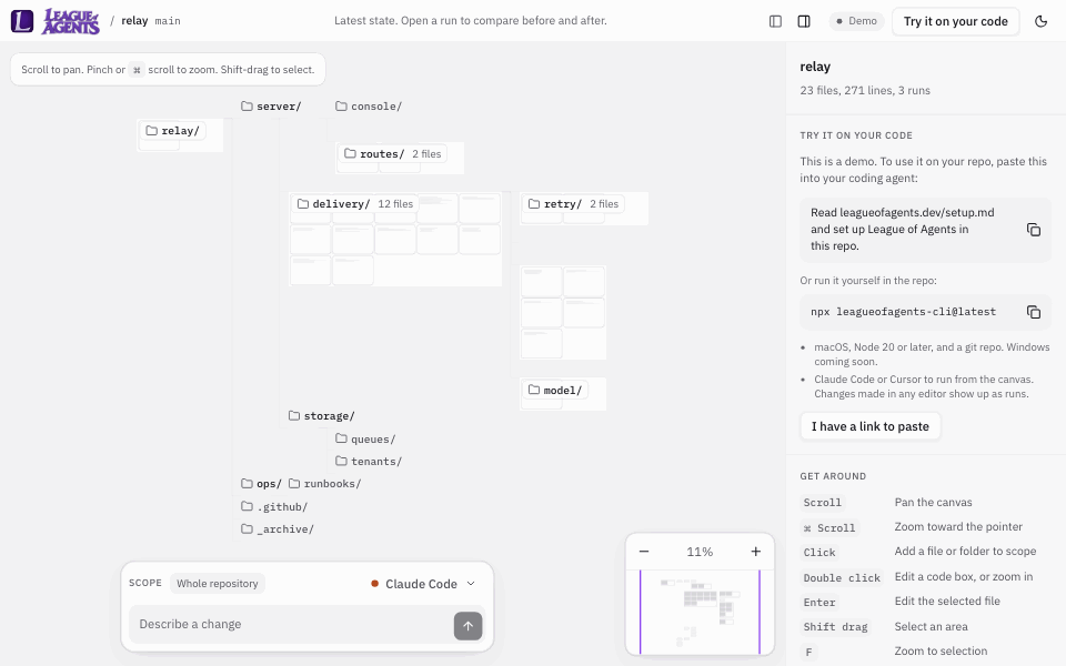 Selecting a folder on the map, asking Claude Code for a change, then reviewing the run's diff file by file