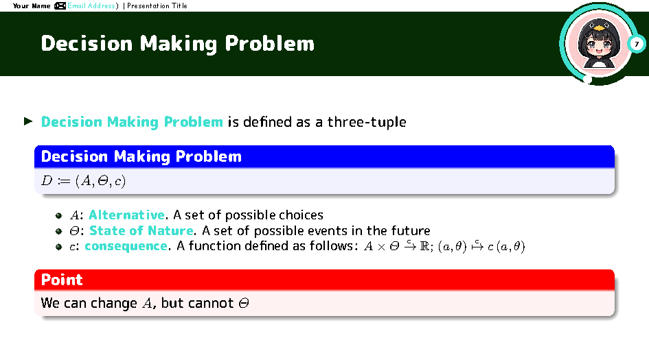 A sample definition slide from the English template with a blue definition block, an itemized element list, and a red Point block