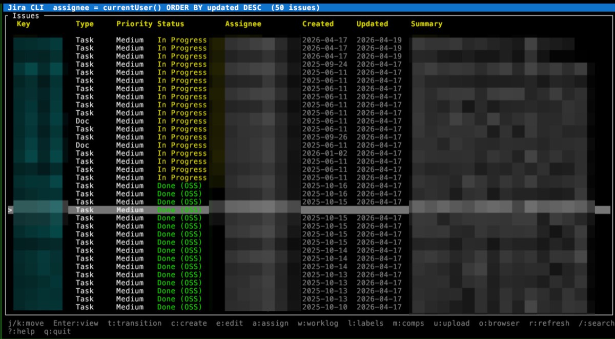 jirac TUI issue list preview