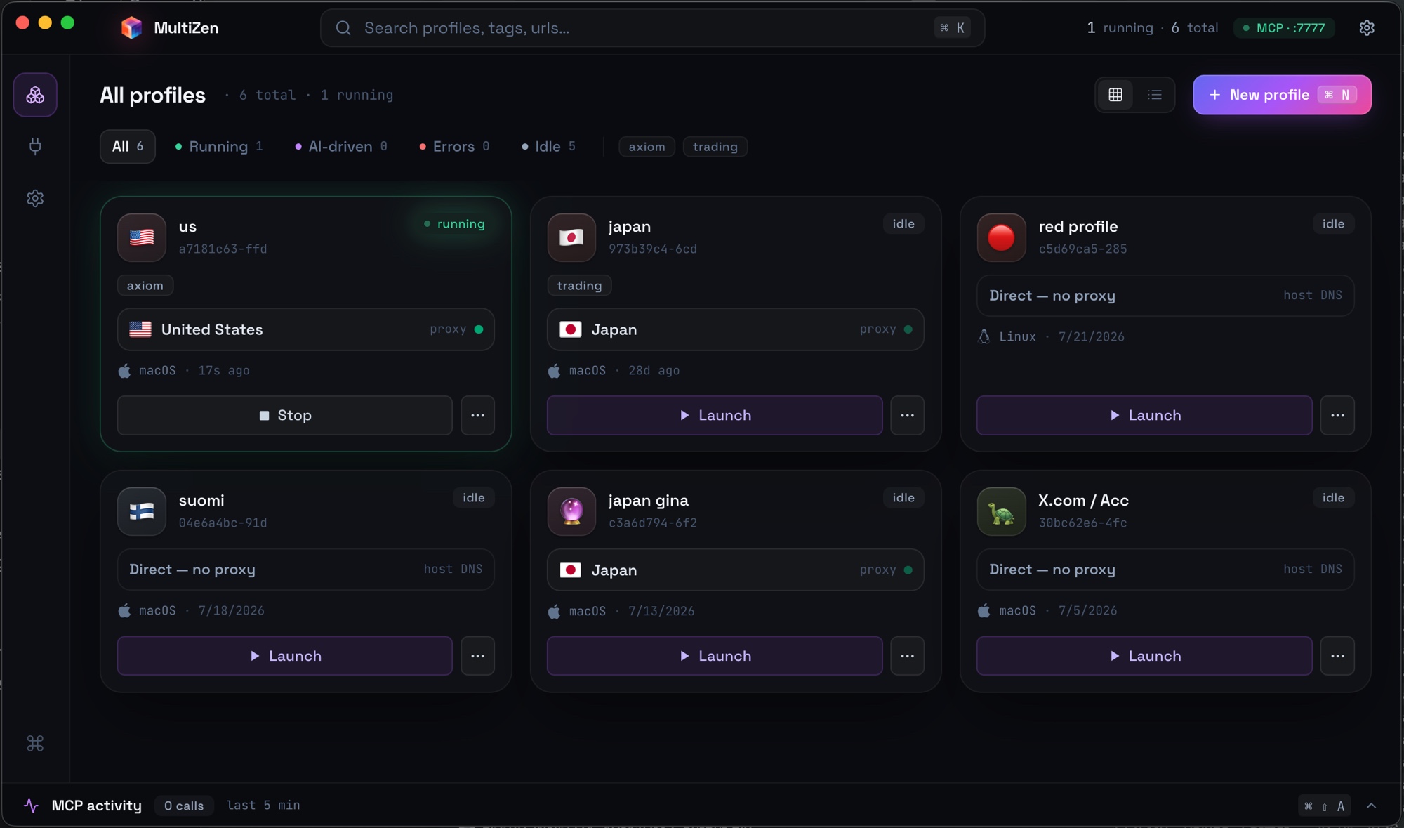 MultiZen profile library with platform, proxy country, and AI-activity indicators