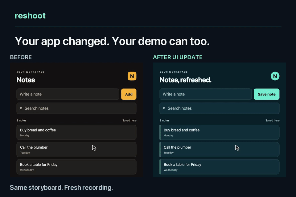 The same notes task recorded before and after a UI update, using one reshoot storyboard