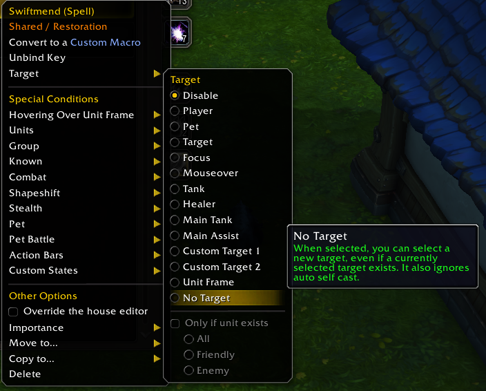 An action's right-click menu: target, special conditions, importance, moving and copying — with the Target submenu open on No Target.