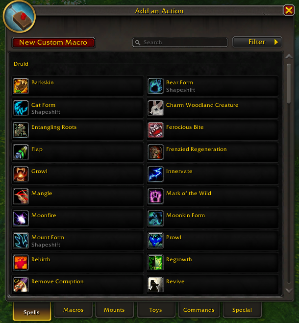 The Add an Action window on its Spells tab, listing the character's spells with tabs for Macros, Mounts, Toys, Commands and Special.