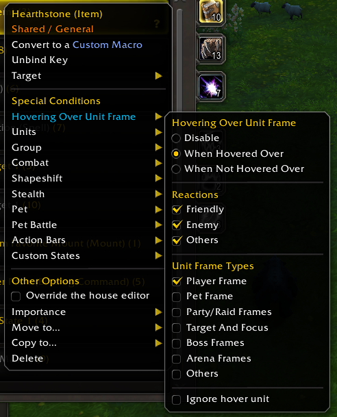 The Hovering Over Unit Frame submenu: hovered or not, which reactions, and which frame types count.
