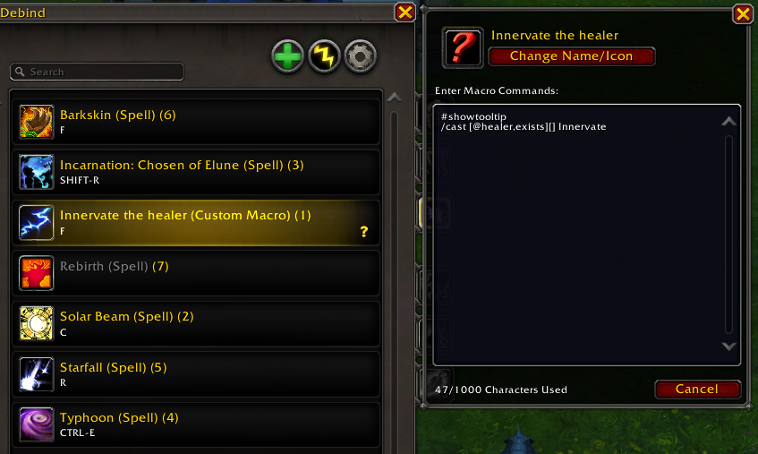 A Custom Macro named "Innervate the healer" open in the editor — kept in the addon, costing none of WoW's macro slots.