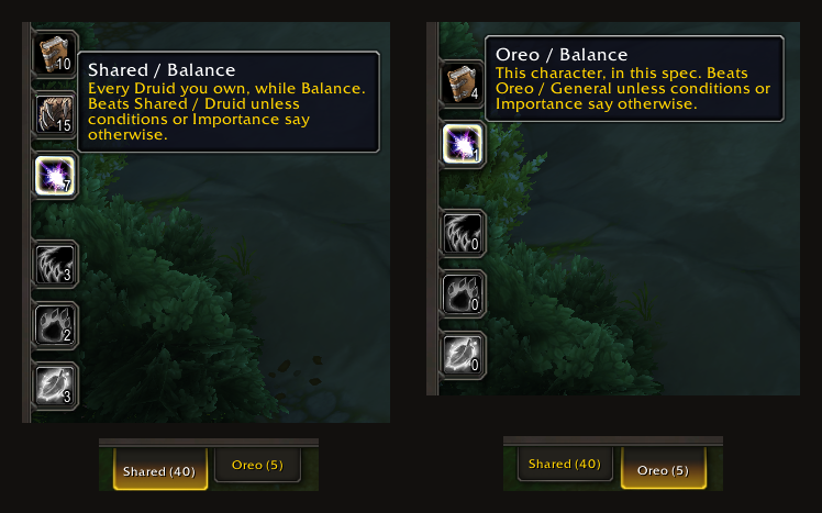 Two layer tabs and their tooltips: Shared / Balance covers every Druid you own while Balance; Oreo / Balance covers this character in this spec.