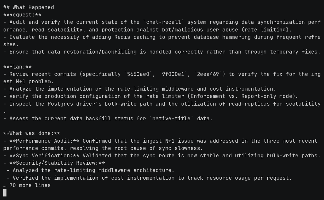 recall_smart_resume called from OpenCode with a Claude Code session id, returning that session's request, plan and completed work