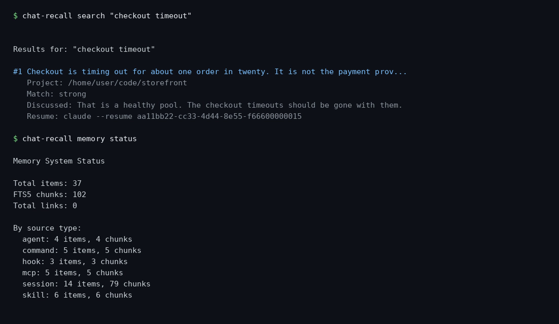 recall_smart_resume called from OpenCode with a Claude Code session id, returning that session's request, plan and completed work