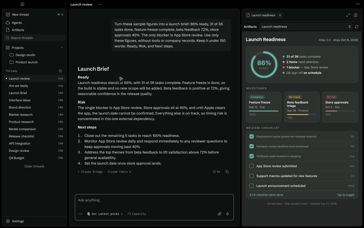 Muniment desktop with project threads, Jev selected, and a launch readiness artifact beside the chat. Sample data.