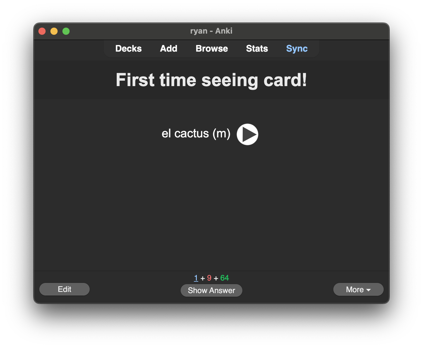 Anki with notification at the top saying: "First time seeing card!"