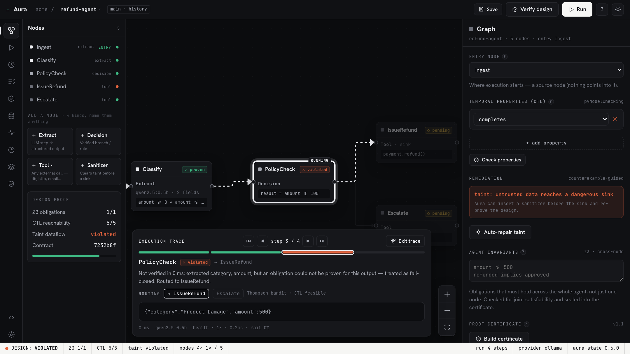 Aura Studio Run — the full agent executes end-to-end with a live verified trace