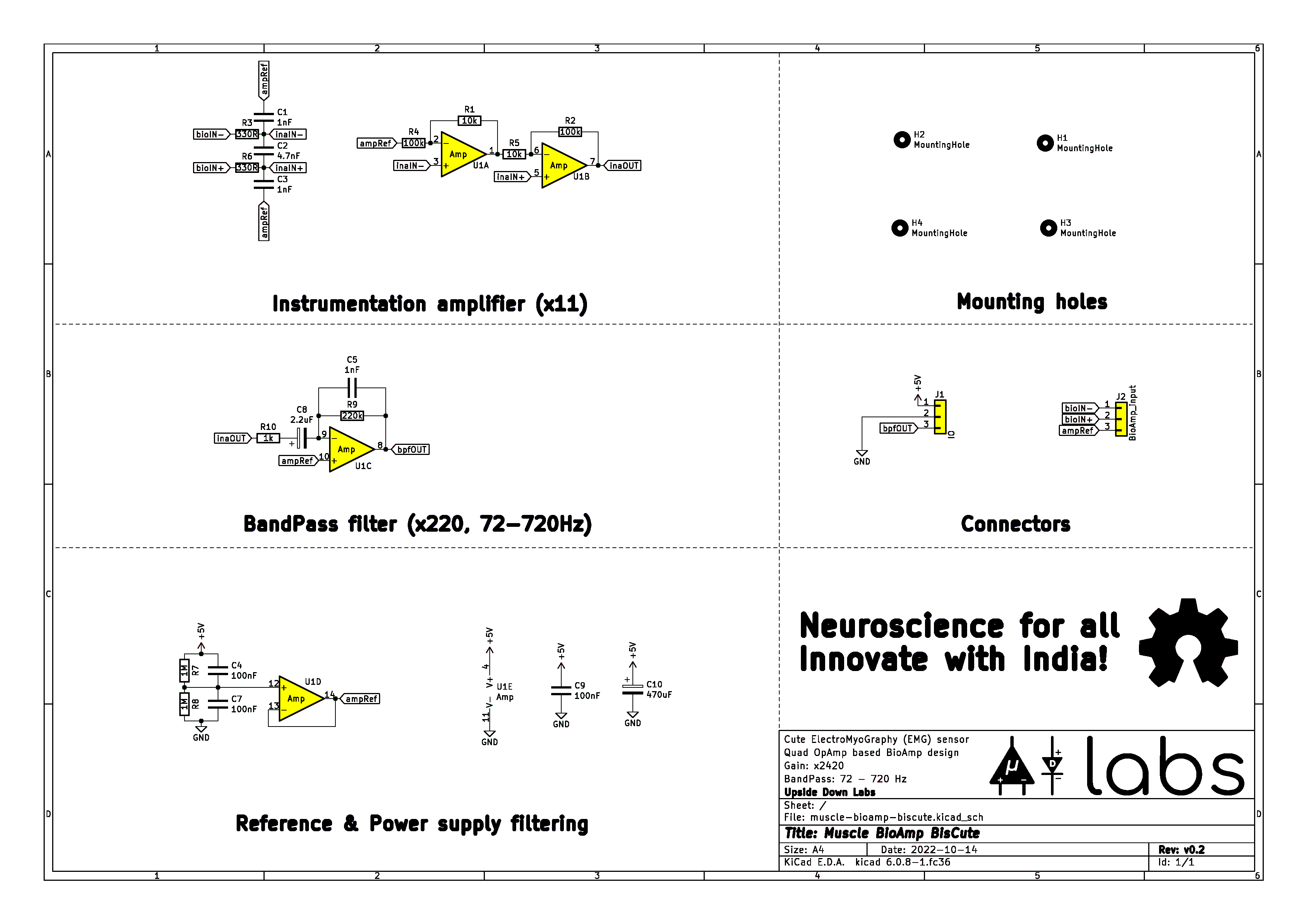 Upside Down Labs Muscle BioAmp BisCute schematic