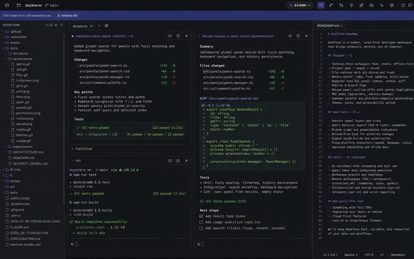 DockTerm: a multi-pane workspace with the file tree, two live Claude Code sessions, and a roadmap open side by side