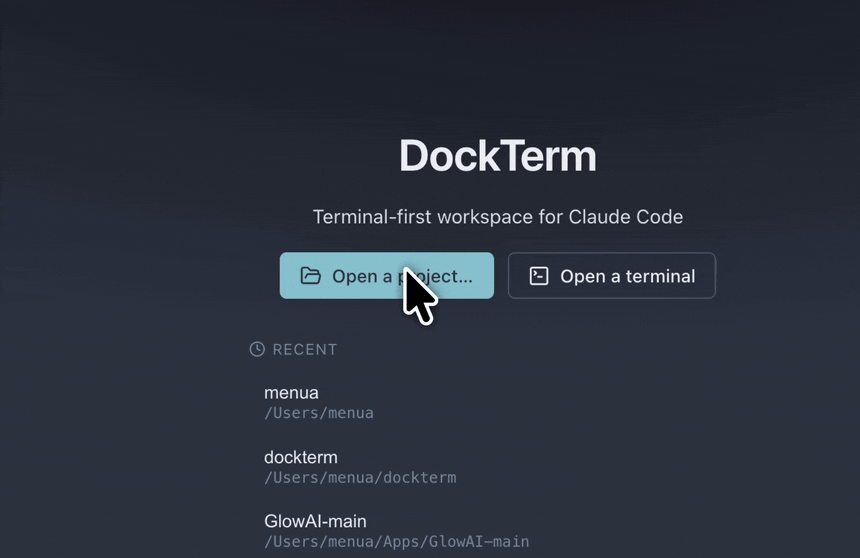 Opening a project: welcome screen, recent projects, folder picker, then a terminal with Claude running