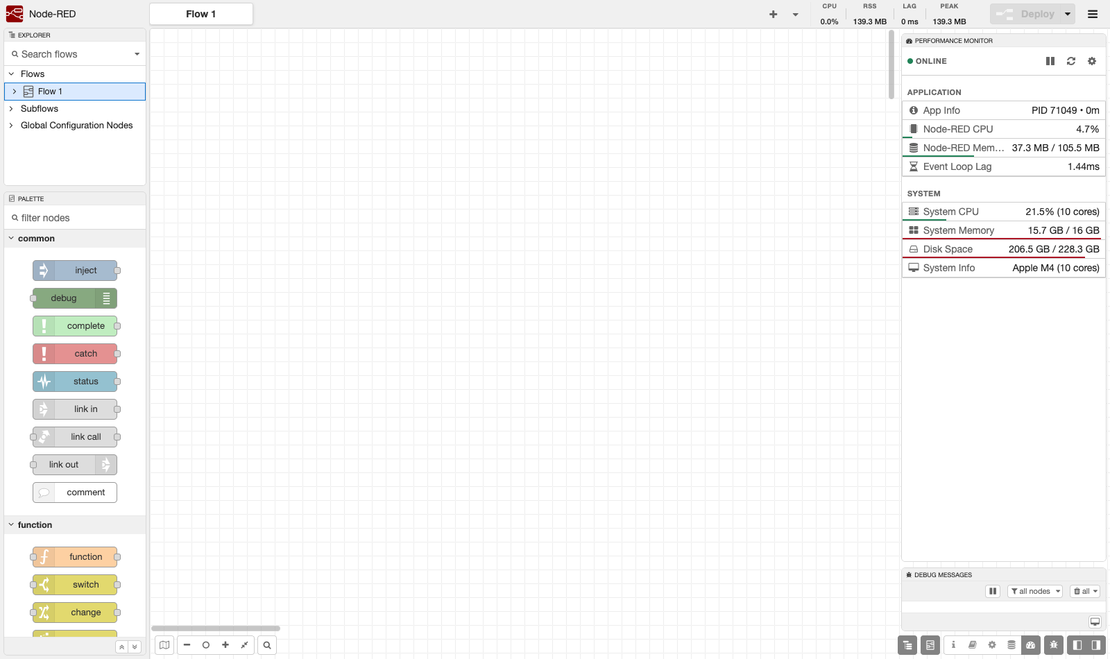 Performance Monitor in the Node-RED 5 editor