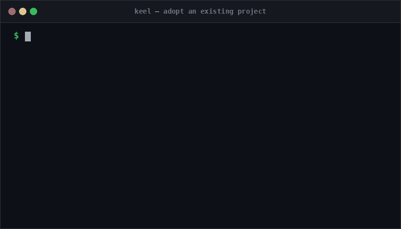 Keel adopt flow: clone the kit elsewhere, rsync only missing files, then /keel-adopt inventories add/merge/defer, keeps your git history, back-fills the docs and seeds the memory files — with your approval
