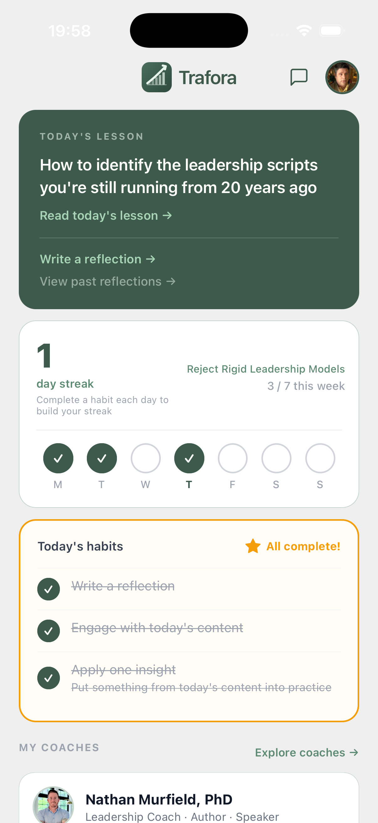 Trafora home screen — daily lesson, streak tracker, coaching