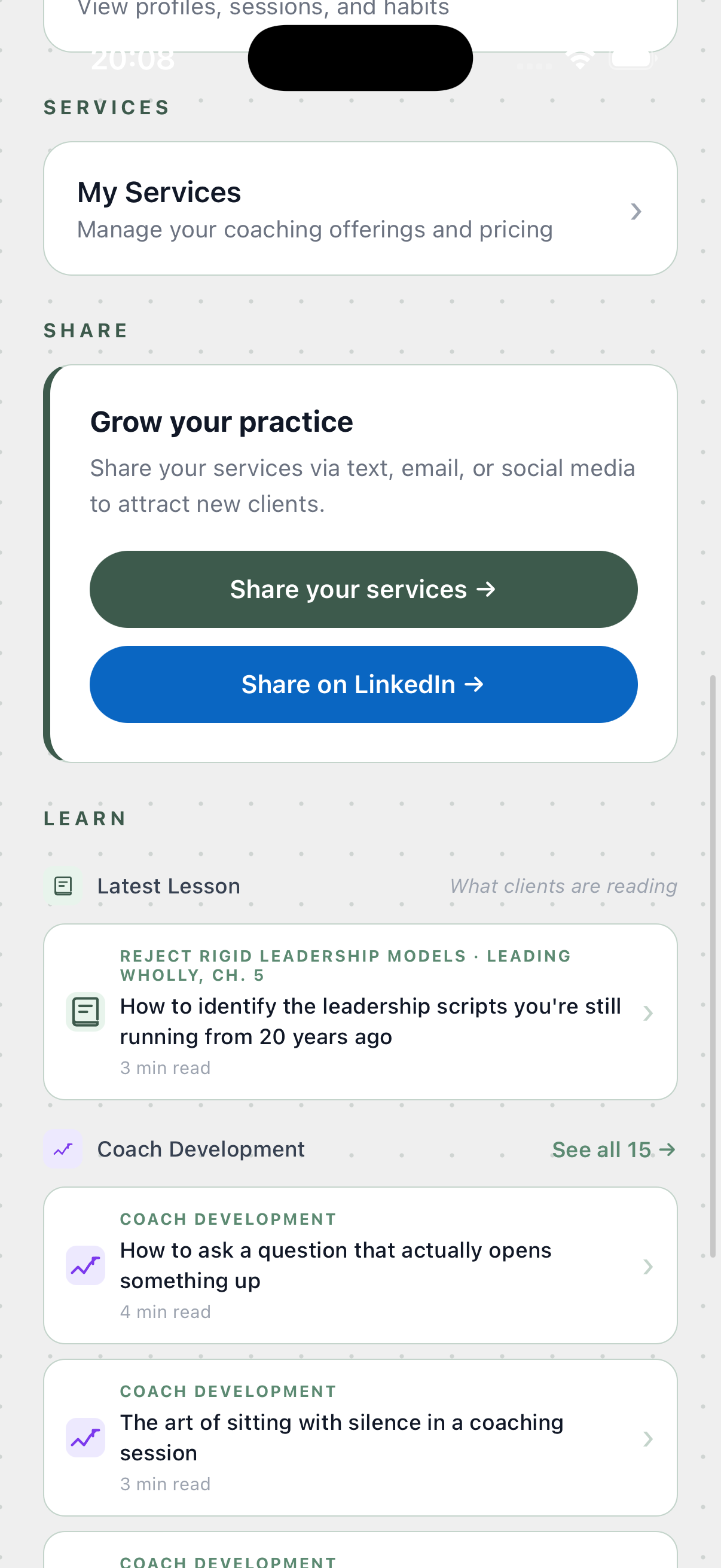 Trafora coach dashboard — services and learn