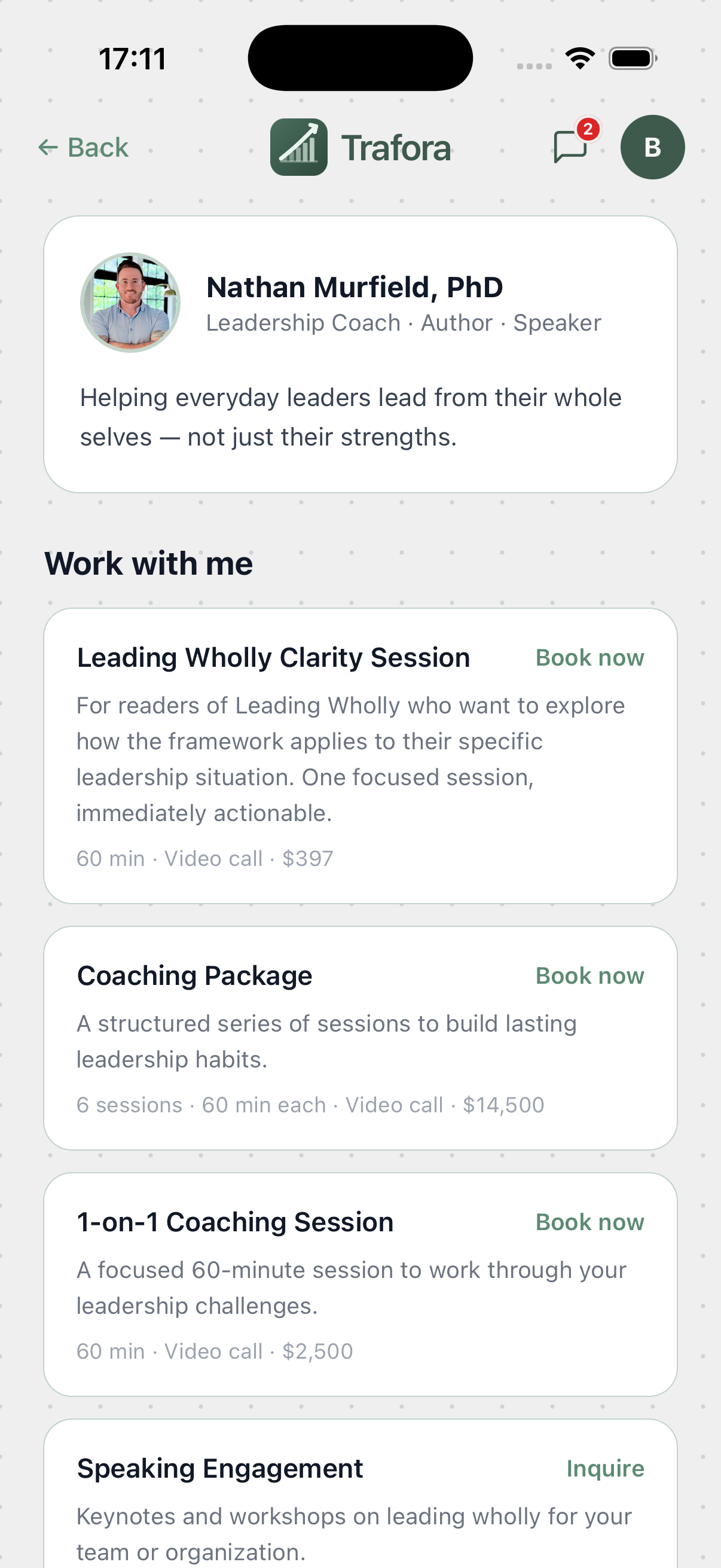 Trafora services catalog showing Clarity Session and Coaching Package