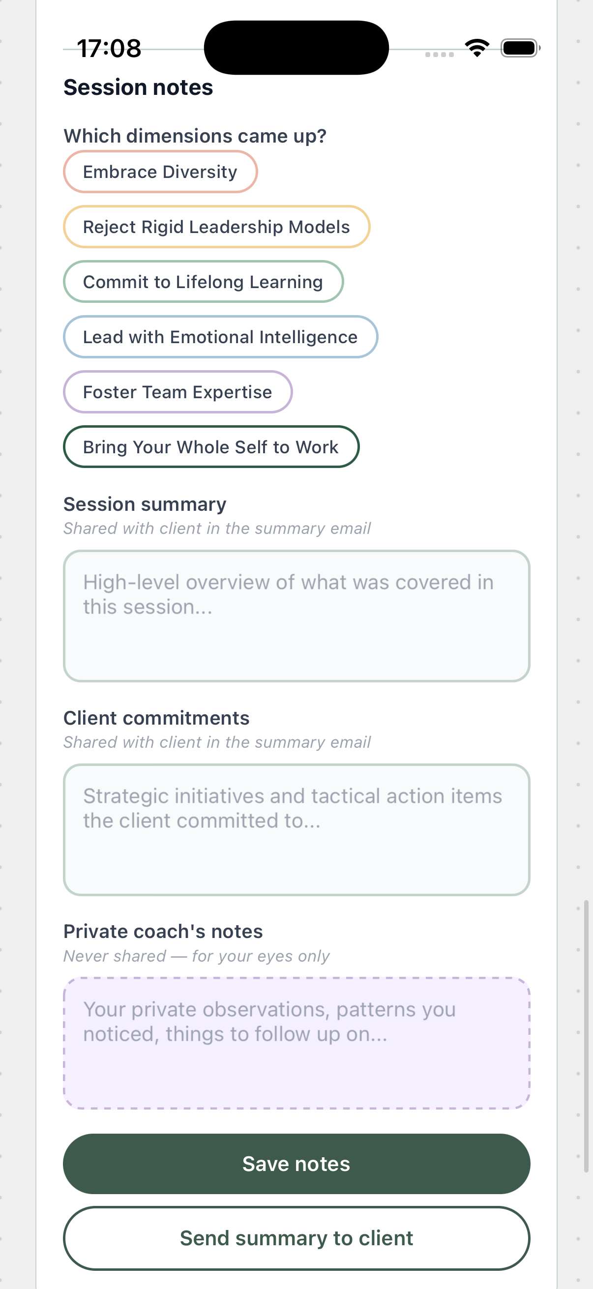 Trafora session notes with Leading Wholly dimension tags