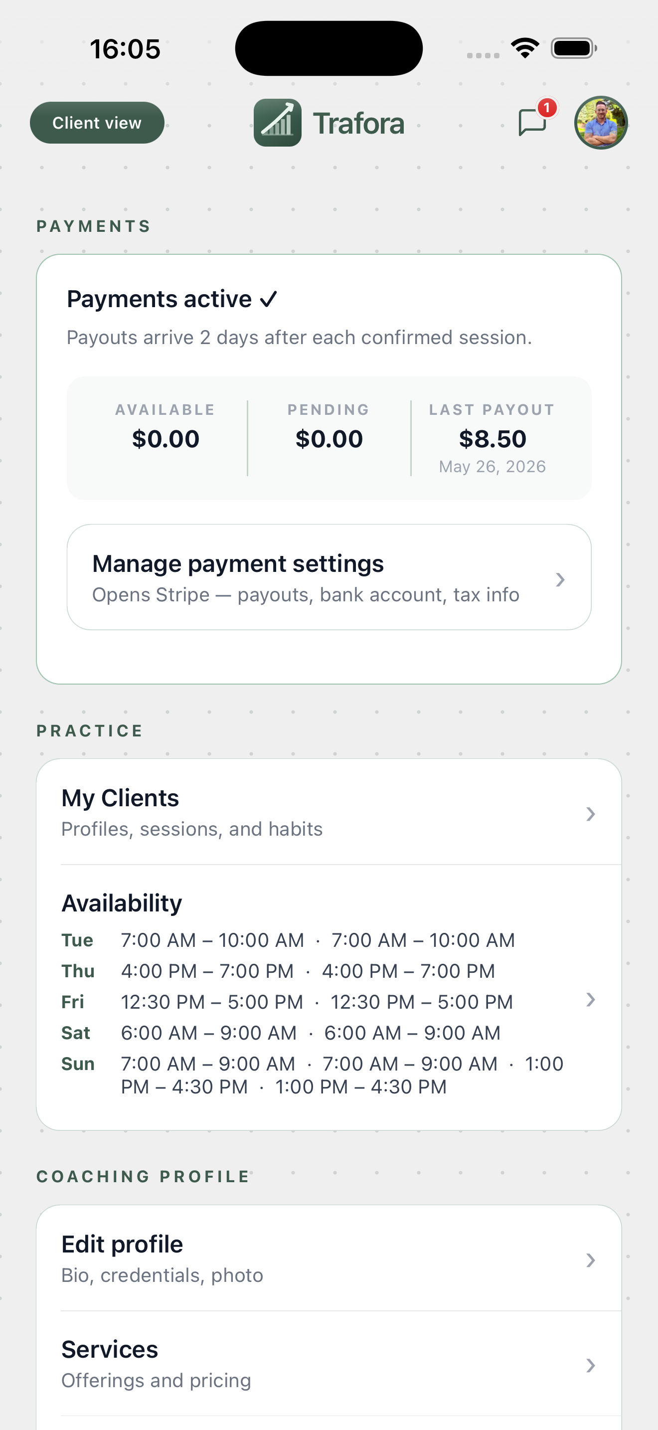 Trafora coach dashboard — payments, clients, and availability