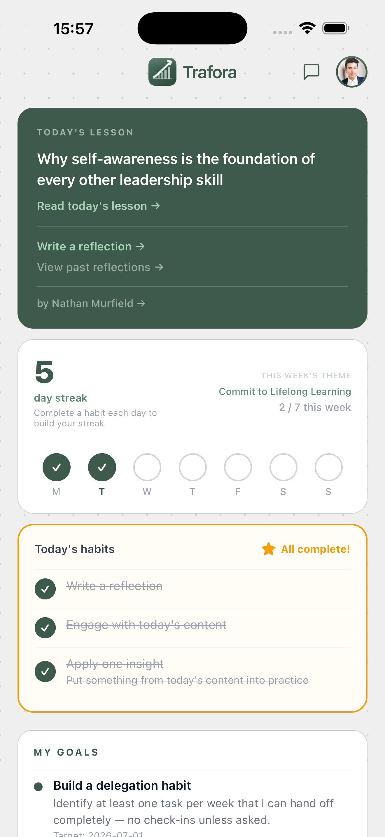 Trafora daily habits — streak and today's habits, all complete