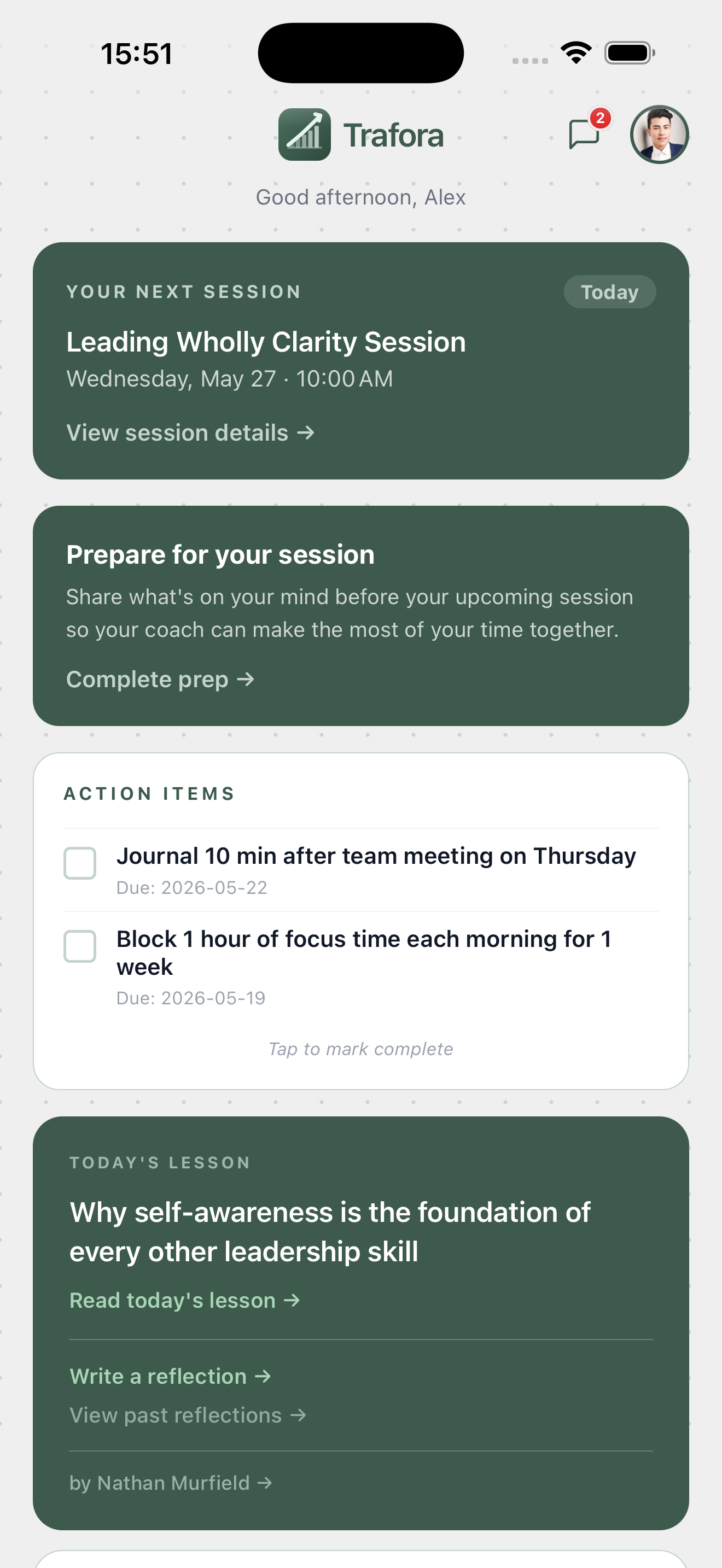 Trafora client home — next session, action items, today's lesson