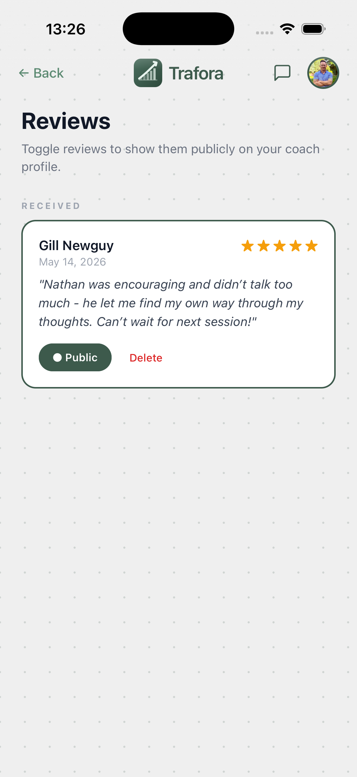 Trafora reviews — coach approving a client review