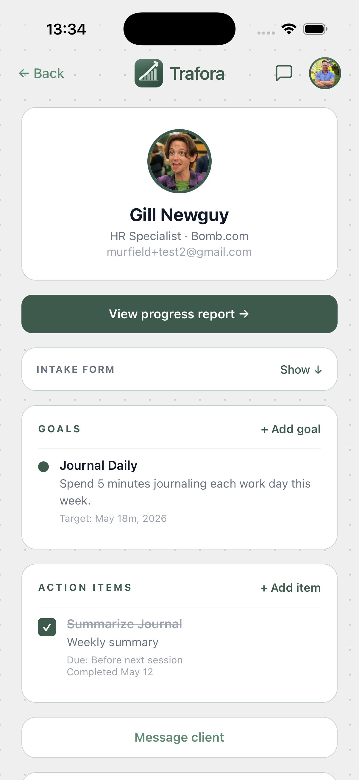 Trafora client profile — goals, action items, progress report