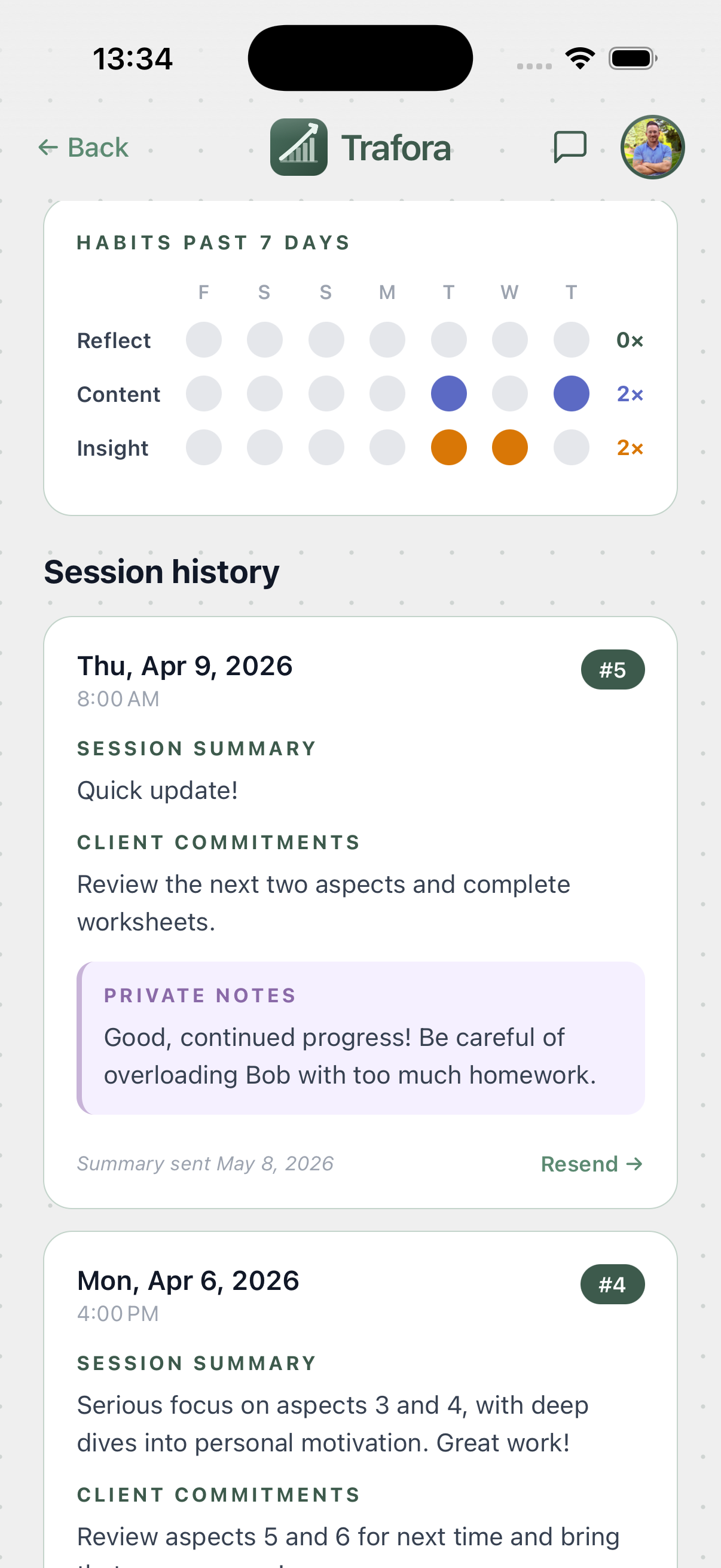 Trafora client profile — session history and habits