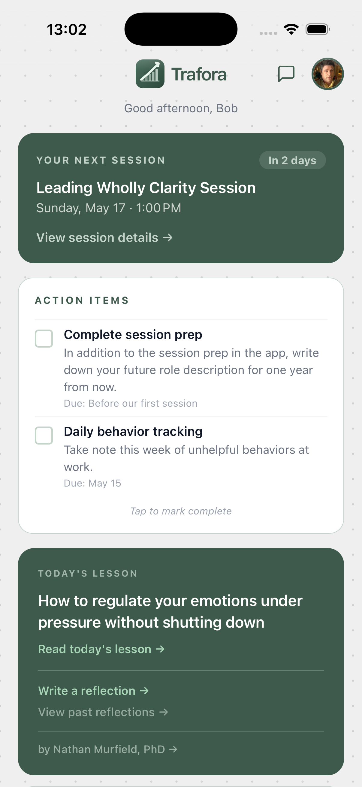 Trafora client home — next session, action items, today's lesson