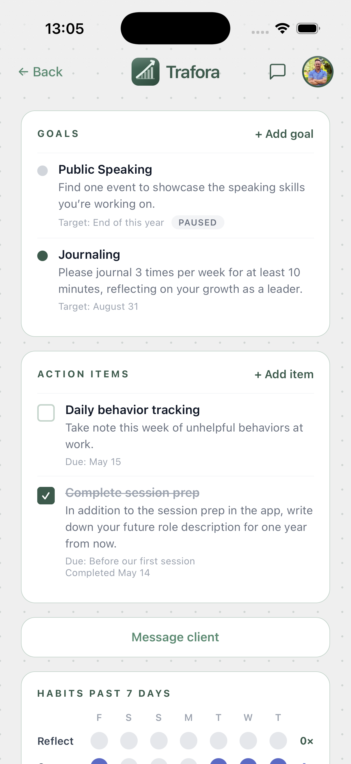 Trafora client home — next session, action items, today's lesson