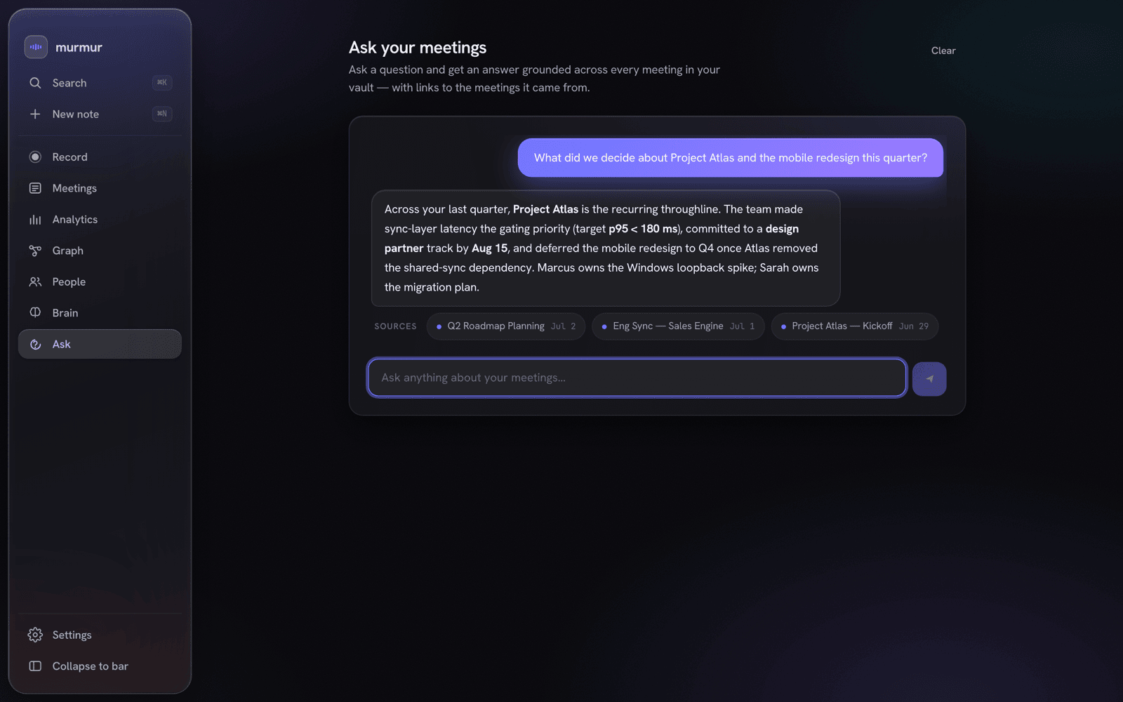 Ask Your Vault — grounded Q&A with source citations across all meetings