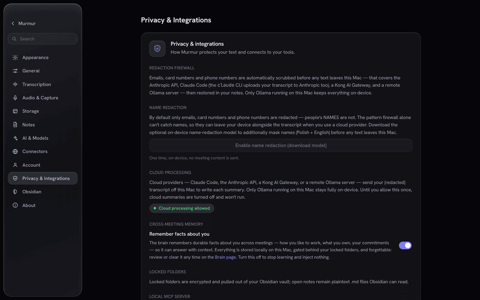 Privacy & integrations settings — honest about what leaves the device, plus the MCP config